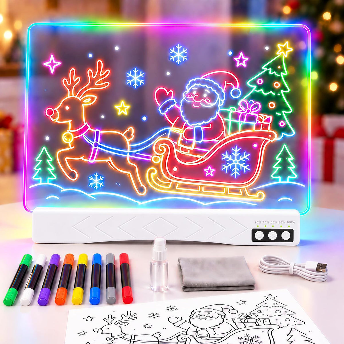 LED Drawing Board with 23 Light Effects, 19" Rechargeable Glow Doodle Note Board