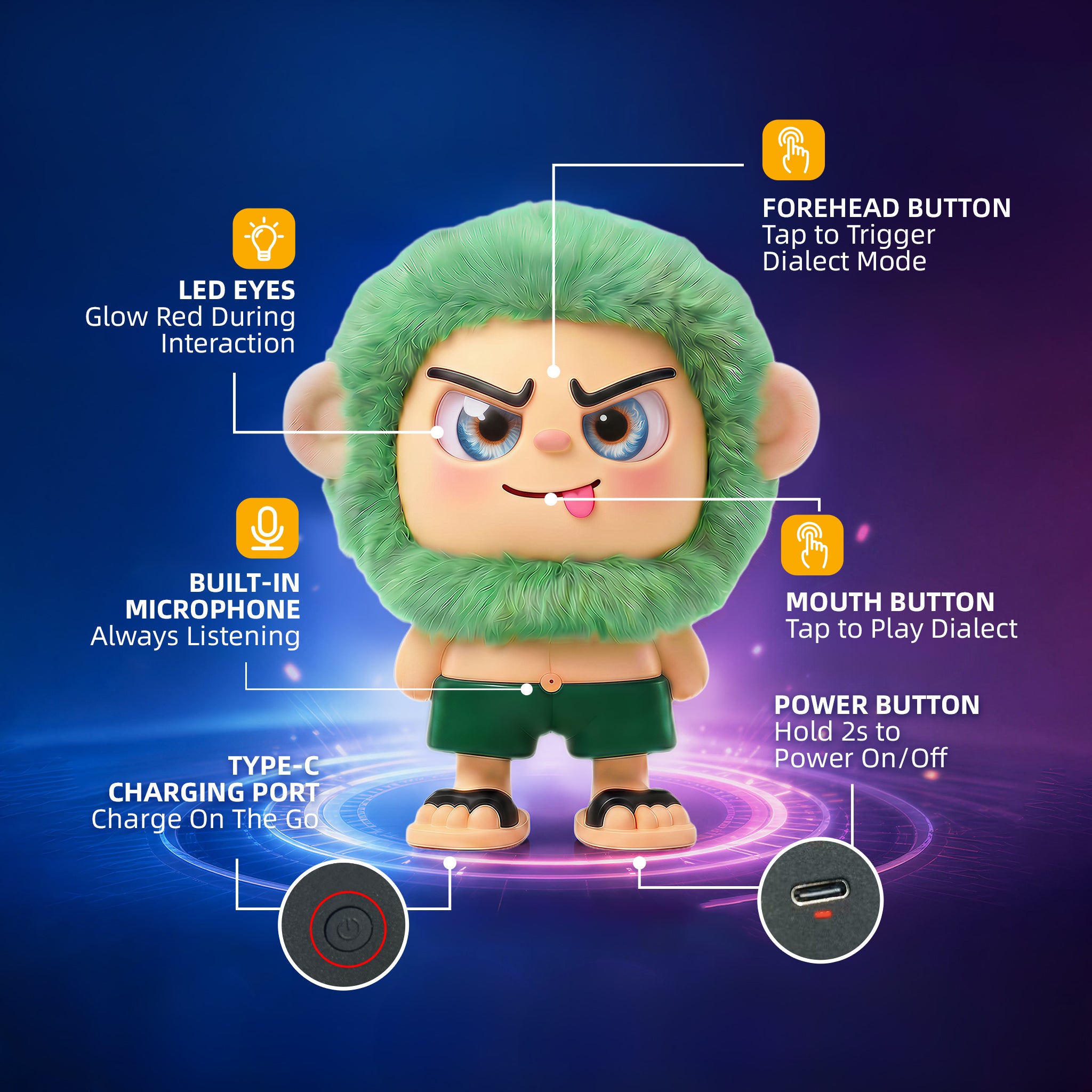 Leizi GE AI Companion & Emo Robot, Plush Interactive Toy Figure (Green, Blepping Expression)