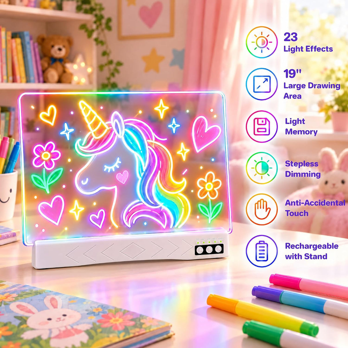 LED Drawing Board with 23 Light Effects, 19" Rechargeable Glow Doodle Note Board