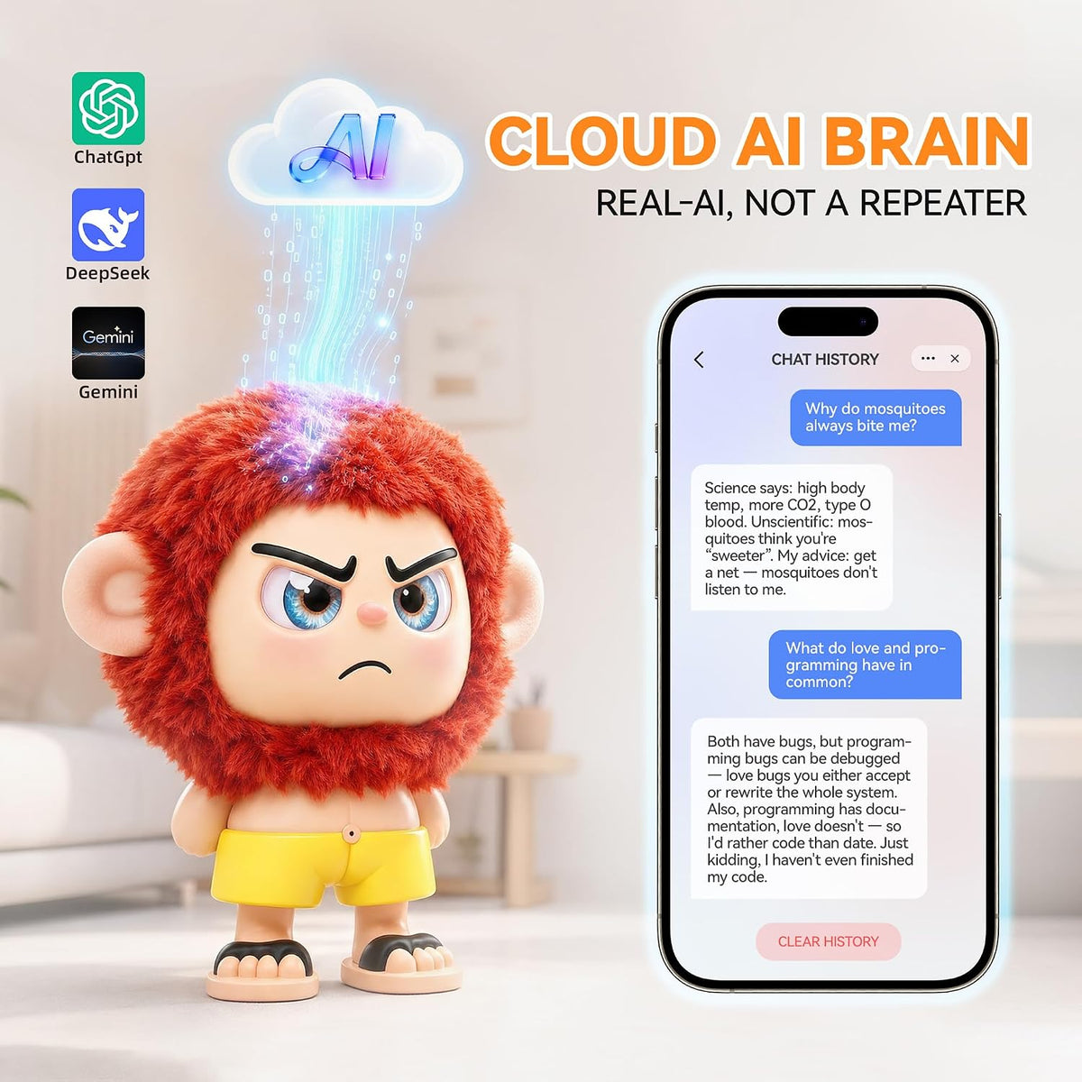 EXQULIFE AI Robot: Leizi GE AI Companion & Emo Robot, Plush Interactive Toy Figure (Rose Red, Frowning Expression)