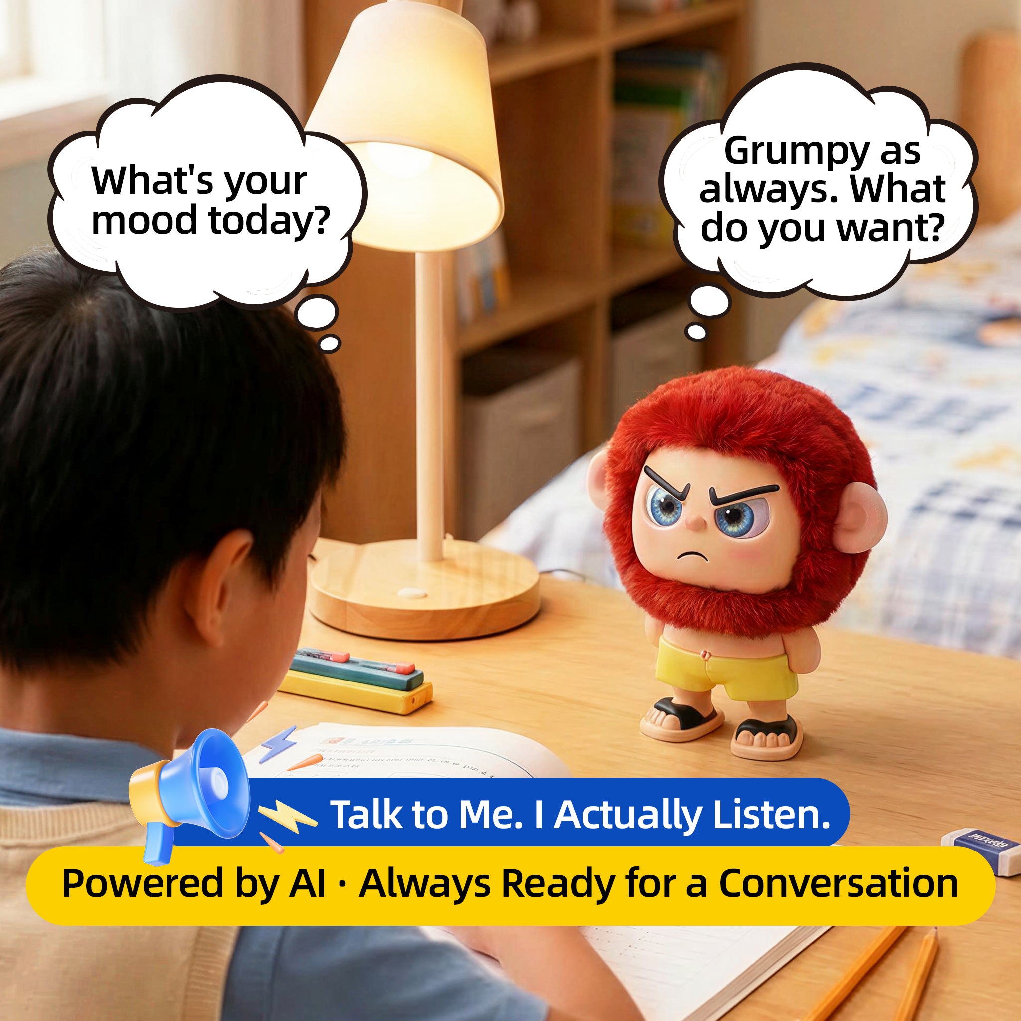 Leizi GE AI Companion & Emo Robot, Plush Interactive Toy Figure (Rose Red, Frowning Expression)