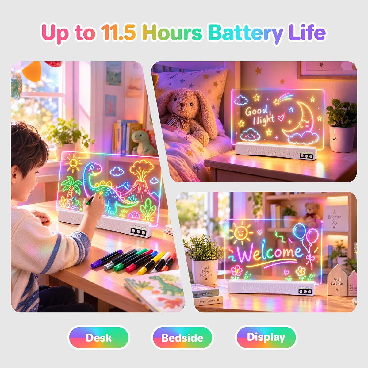 LED Drawing Board with 23 Light Effects, 19" Rechargeable Glow Doodle Note Board