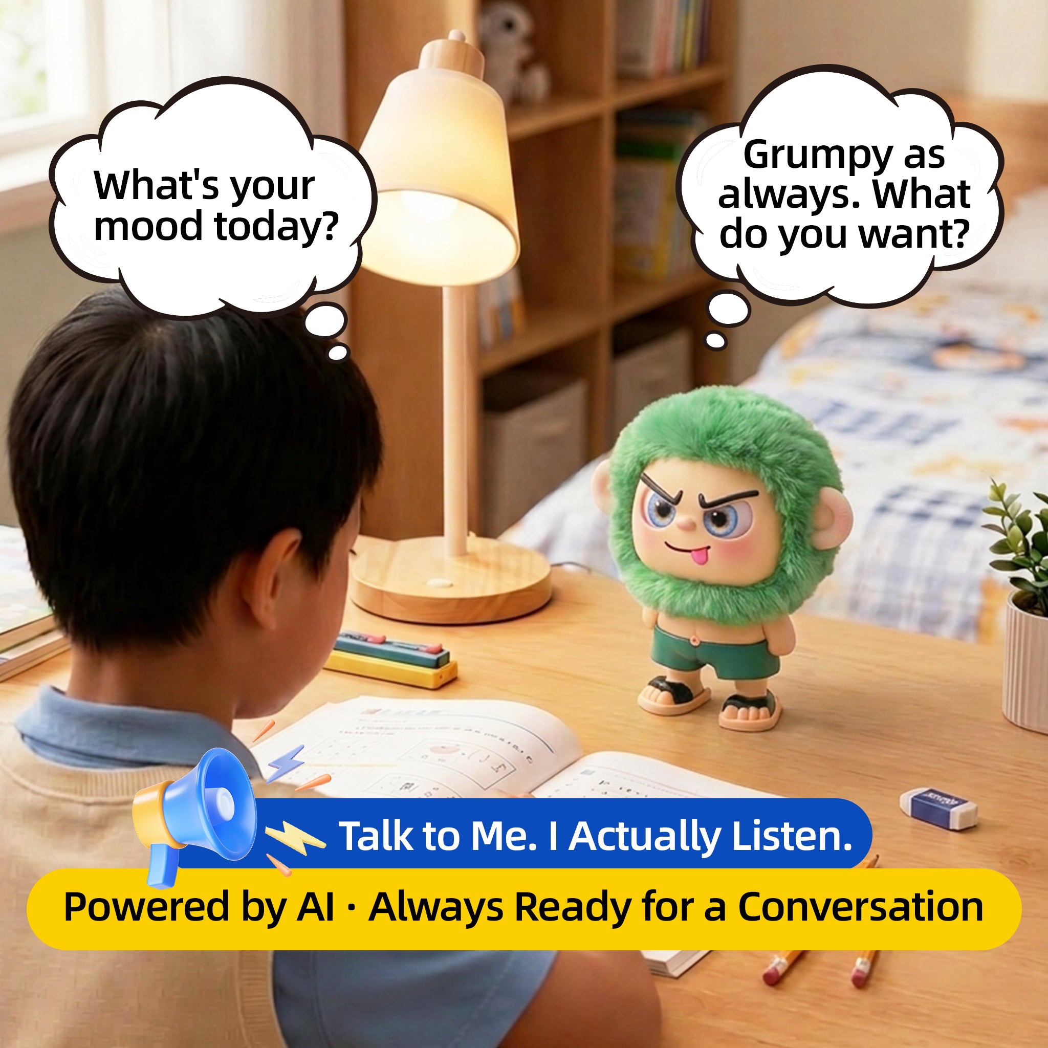 Leizi GE AI Companion & Emo Robot, Plush Interactive Toy Figure (Green, Blepping Expression)