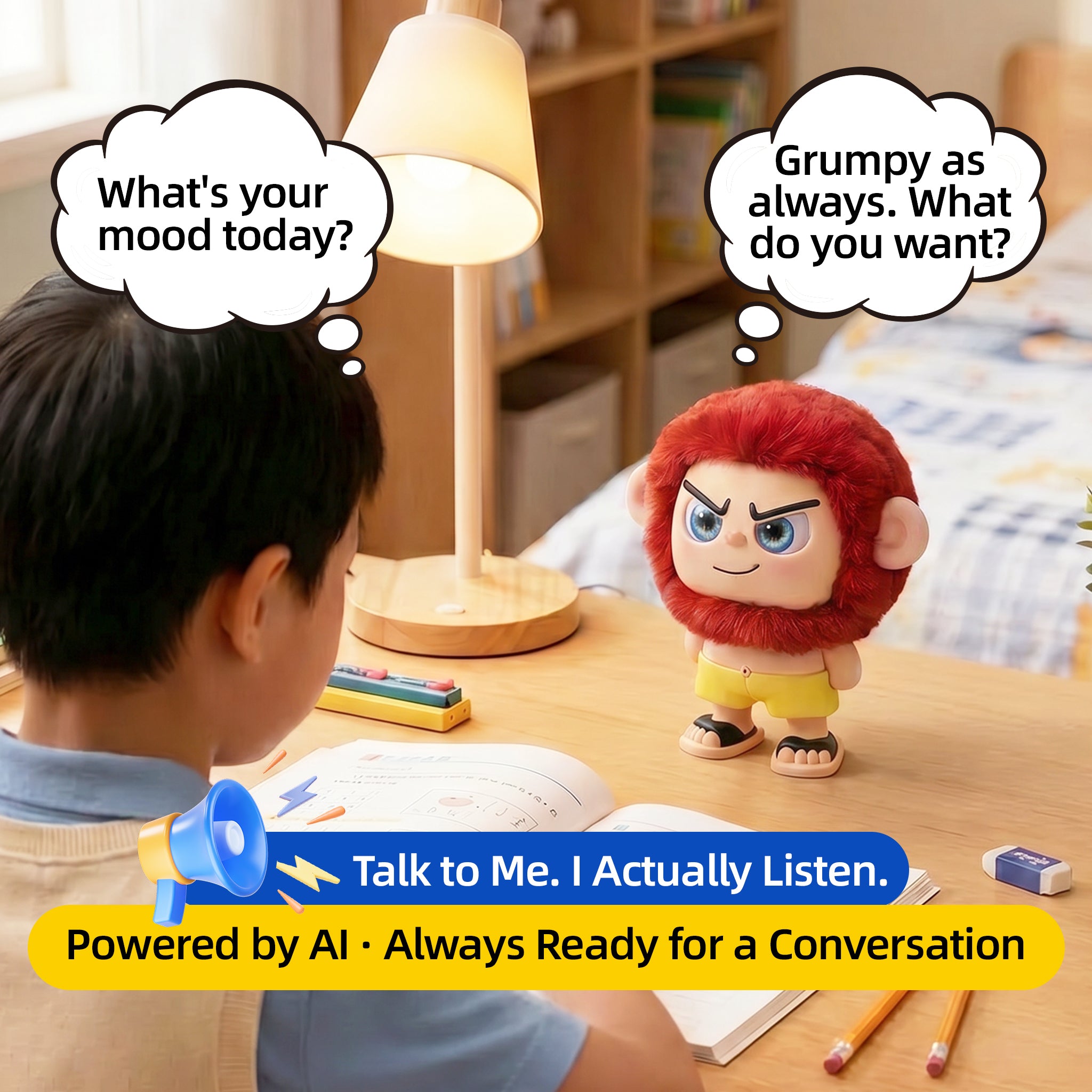 Leizi GE AI Companion & Emo Robot, Plush Interactive Toy Figure  (Rose Red, Smiling Expression)