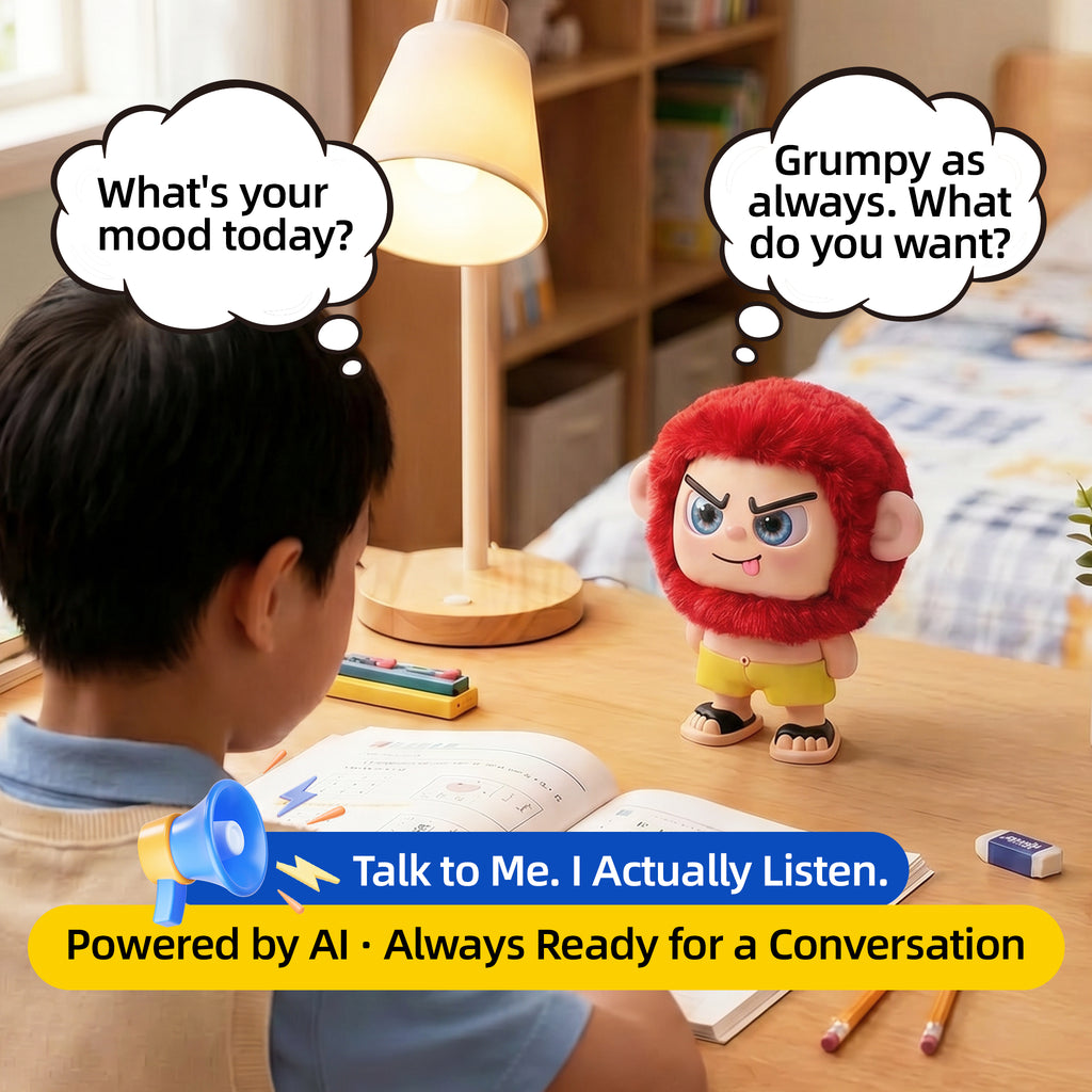 Leizi GE AI Companion & Emo Robot, Plush Interactive Toy Figure (Rose Red, Blepping Expression)