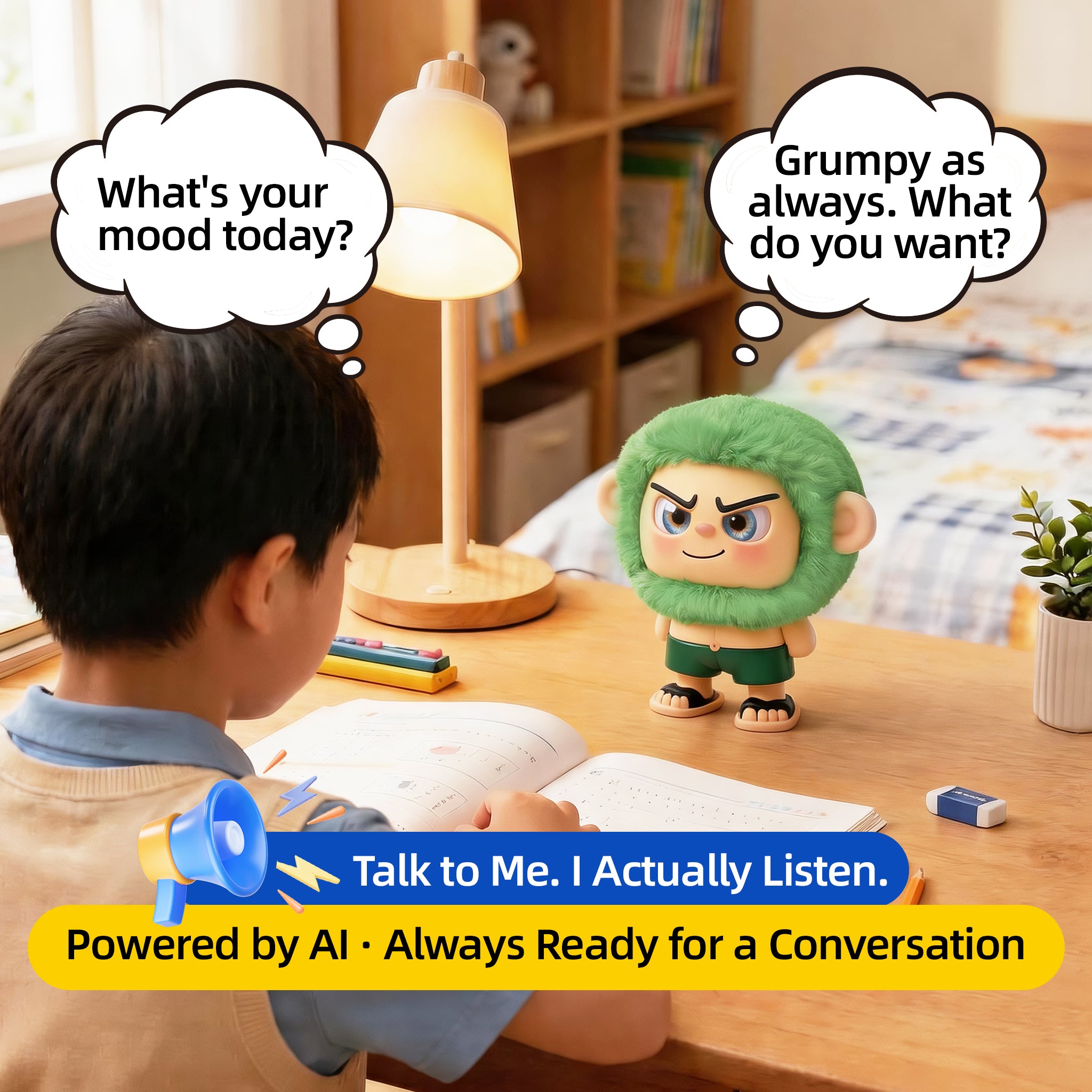 Leizi GE AI Companion & Emo Robot, Plush Interactive Toy Figure  (Green, Smiling Expression)