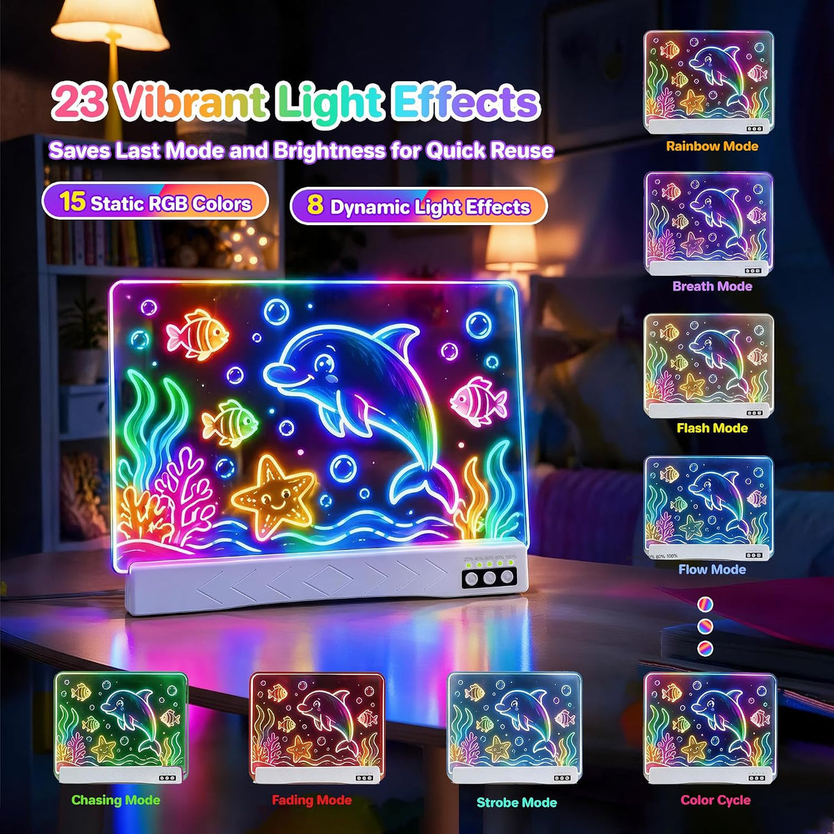 LED Drawing Board with 23 Light Effects, 19" Rechargeable Glow Doodle Note Board