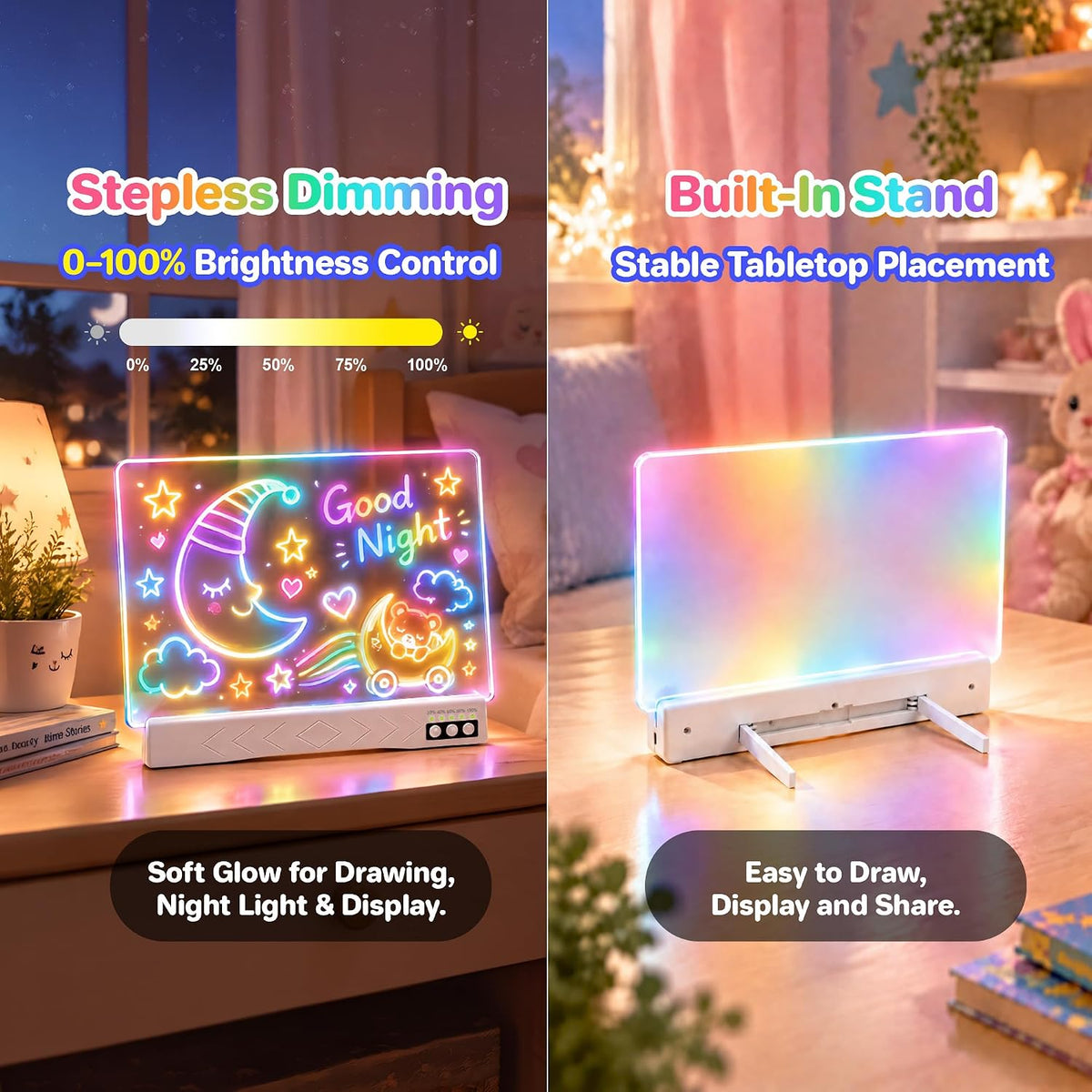 LED Drawing Board with 23 Light Effects, 19" Rechargeable Glow Doodle Note Board