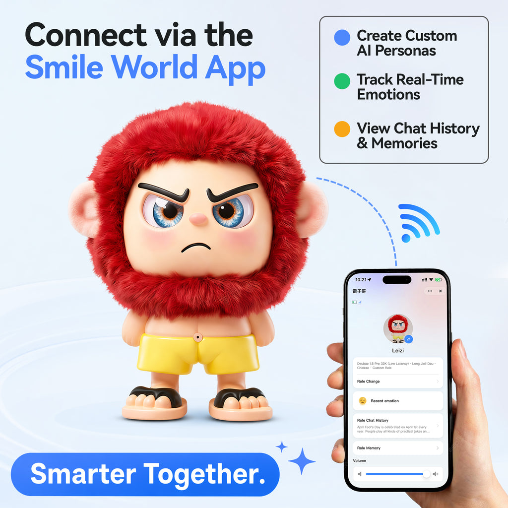 Leizi GE AI Companion & Emo Robot, Plush Interactive Toy Figure (Rose Red, Frowning Expression)