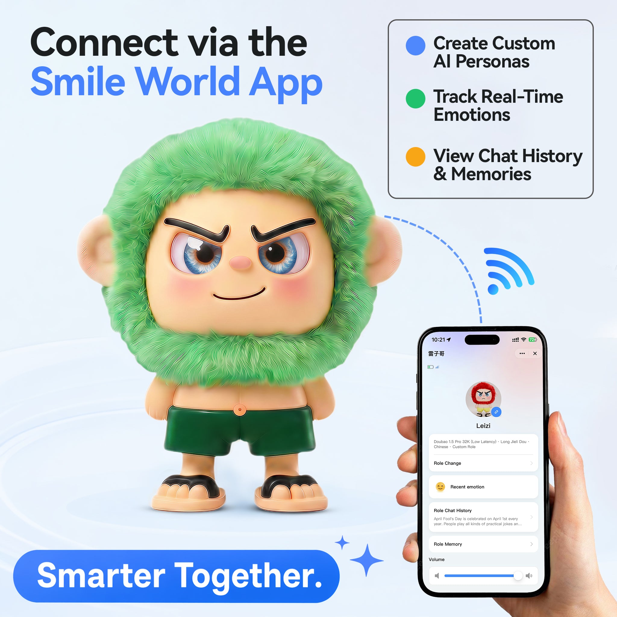 Leizi GE AI Companion & Emo Robot, Plush Interactive Toy Figure  (Green, Smiling Expression)
