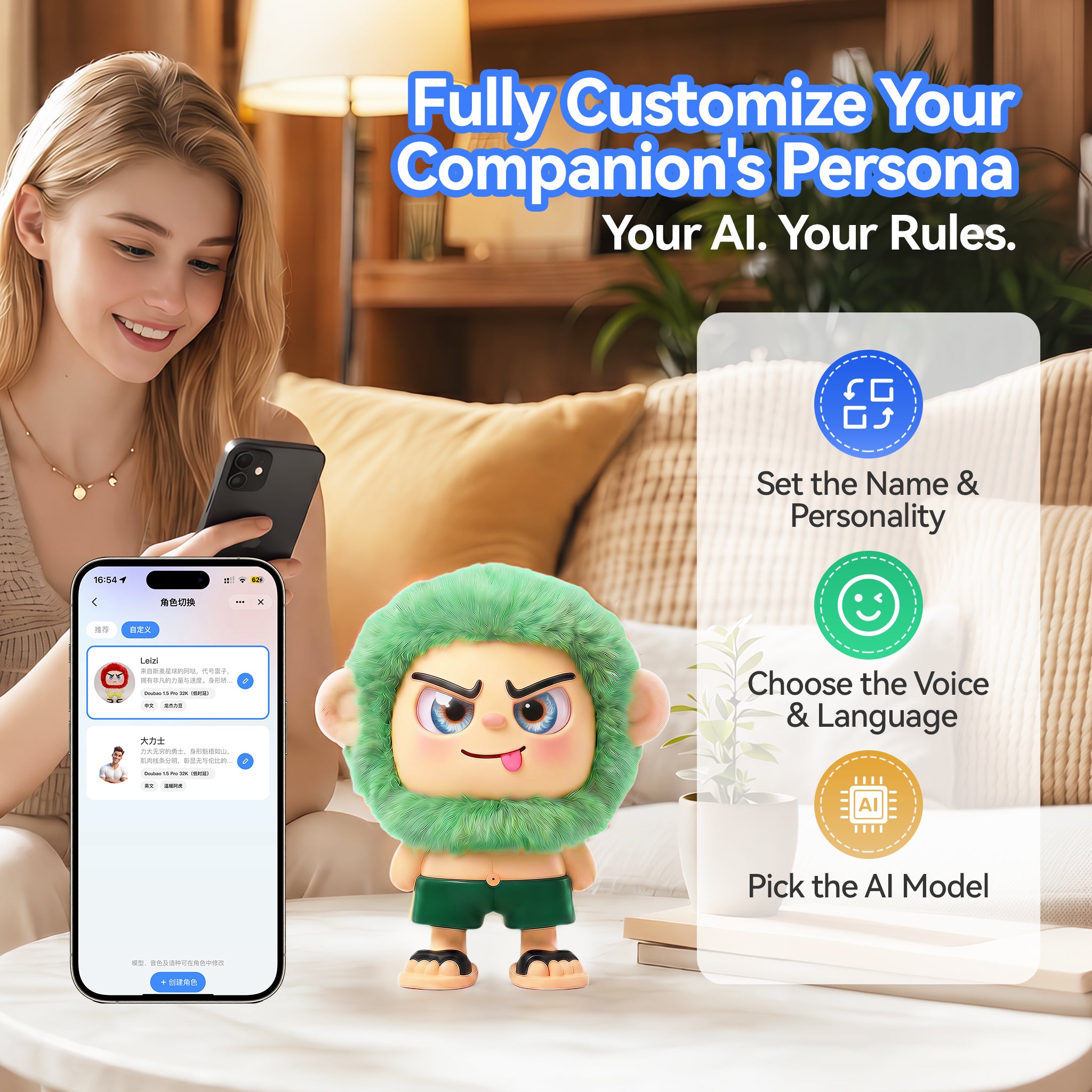 Leizi GE AI Companion & Emo Robot, Plush Interactive Toy Figure (Green, Blepping Expression)