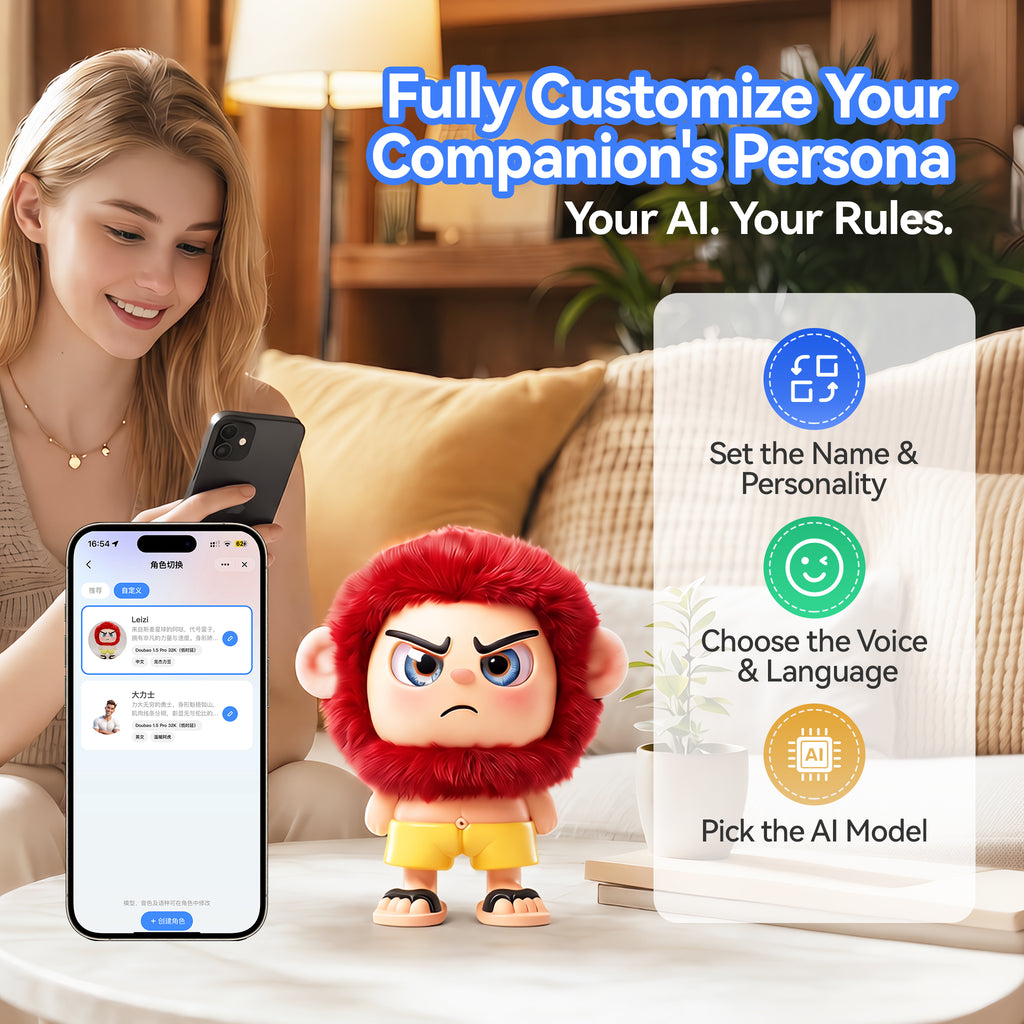 Leizi GE AI Companion & Emo Robot, Plush Interactive Toy Figure (Rose Red, Frowning Expression)