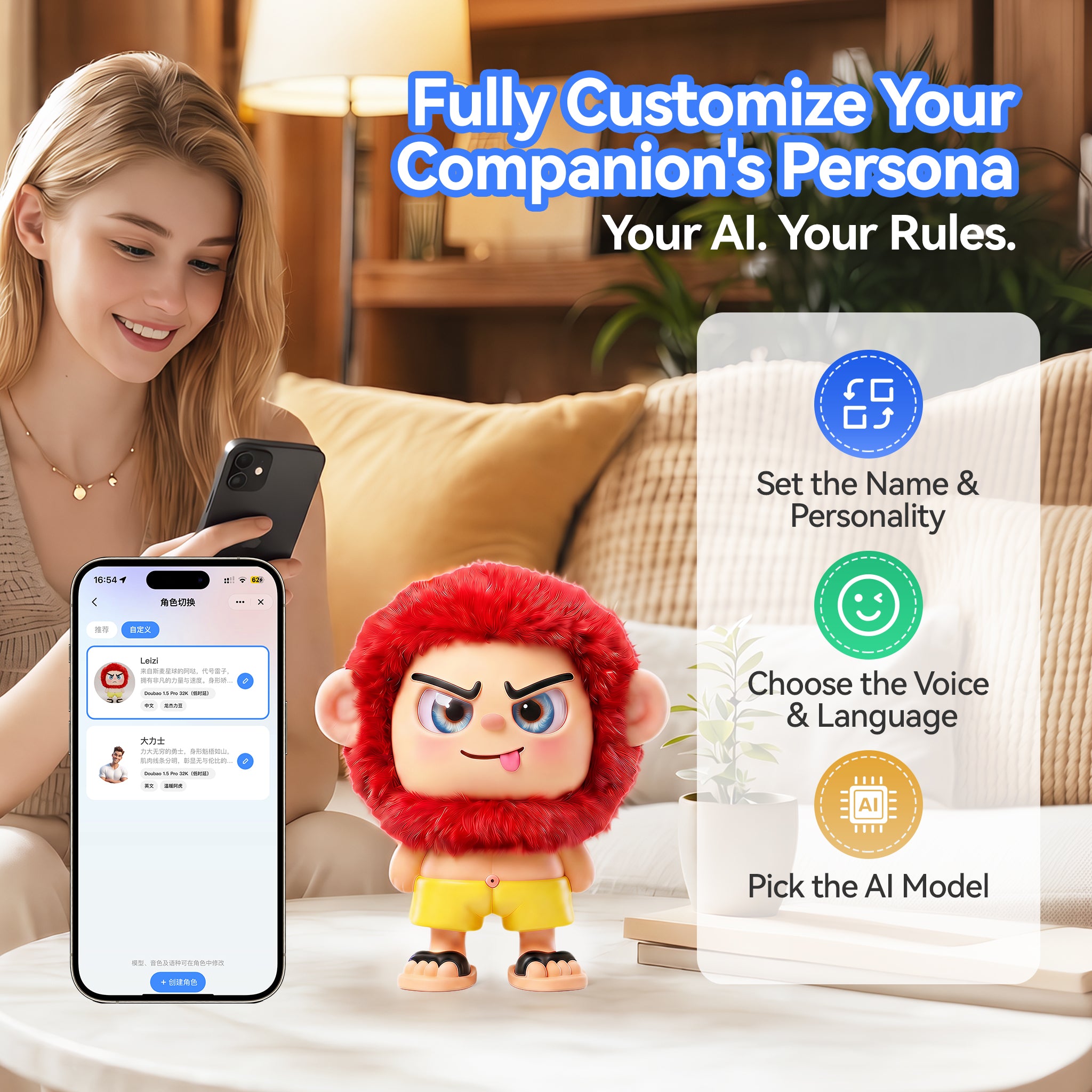 Leizi GE AI Companion & Emo Robot, Plush Interactive Toy Figure (Rose Red, Blepping Expression)
