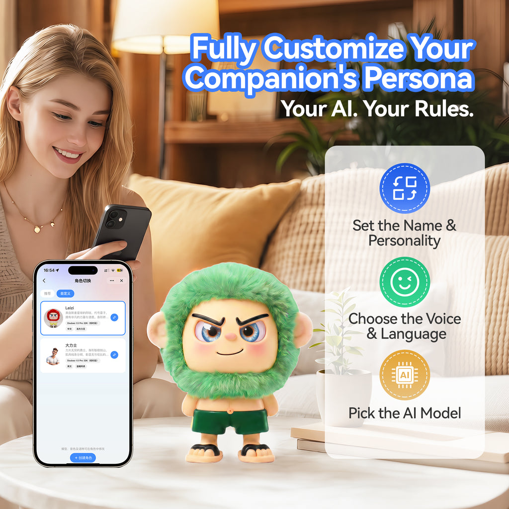 EXQULIFE AI Robot: Leizi GE AI Companion & Emo Robot, Plush Interactive Toy Figure  (Green, Smiling Expression)